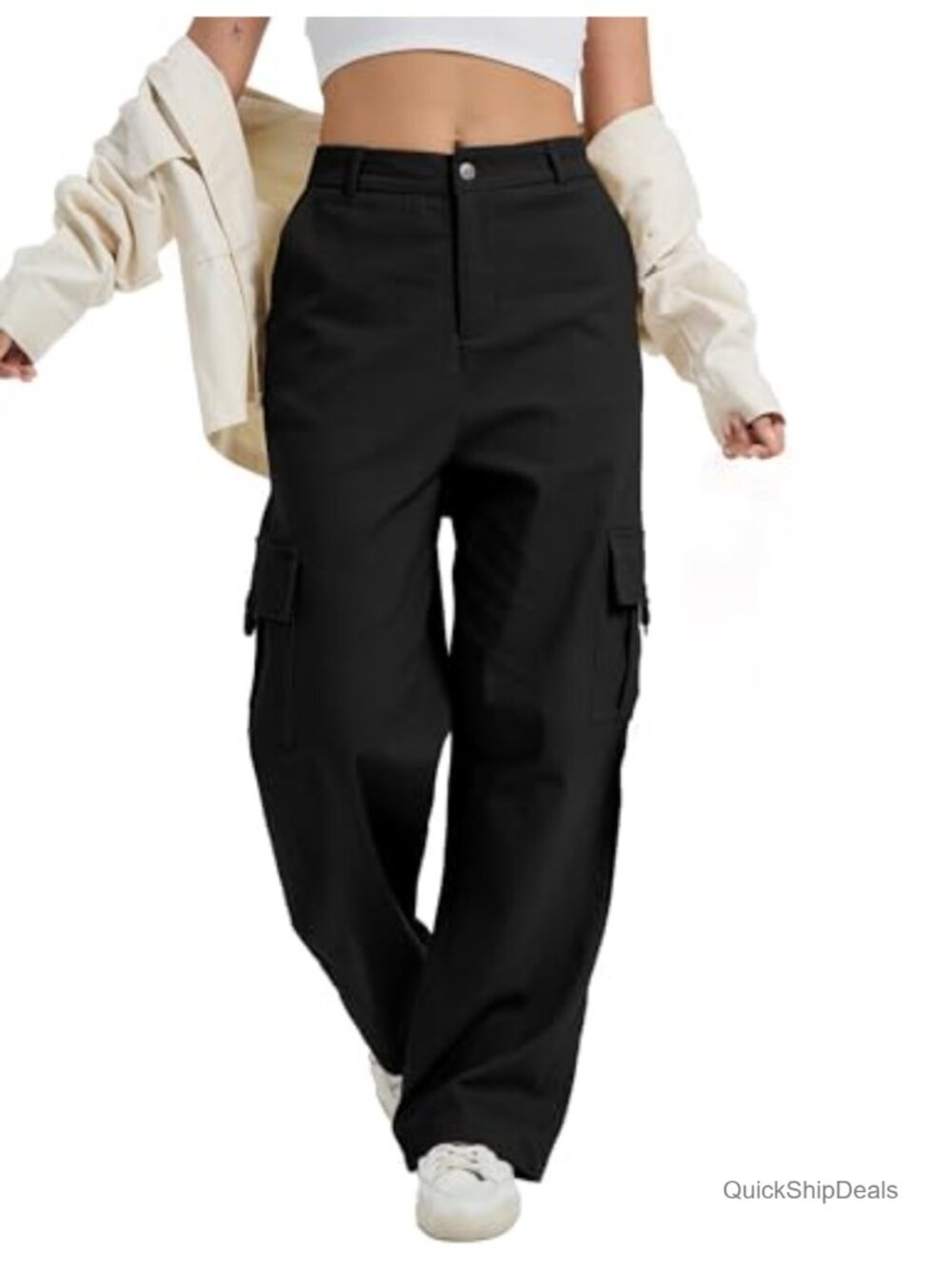 Women's High Waist Wide Leg Cargo Pants Stretchy Baggy Pants with Pockets
